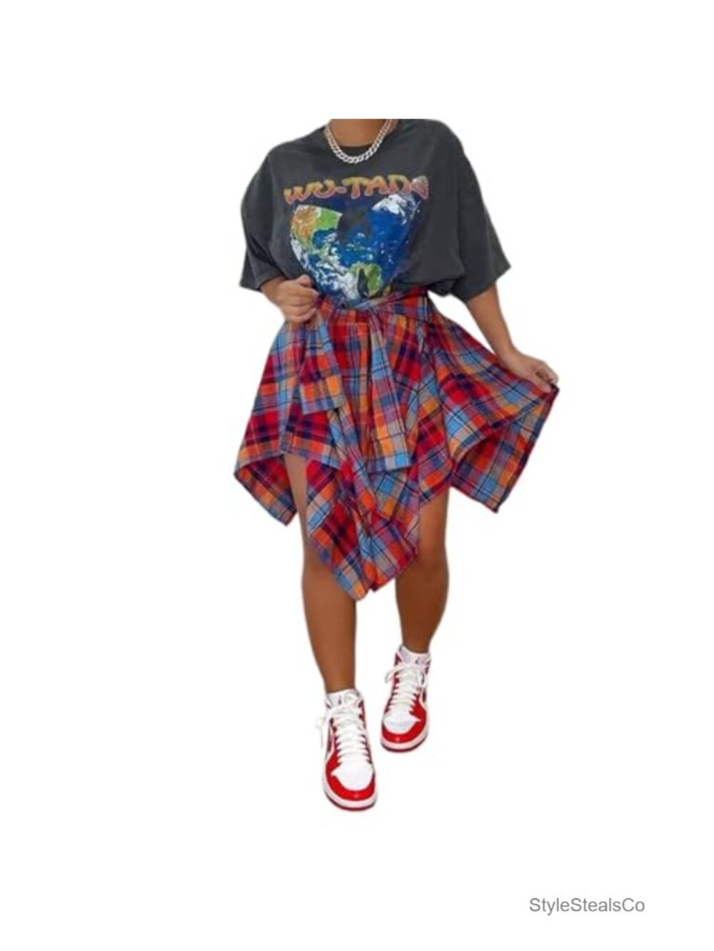 Plaid Mini Skirt Asymmetrical Hem High Waist Knot Front A-Line